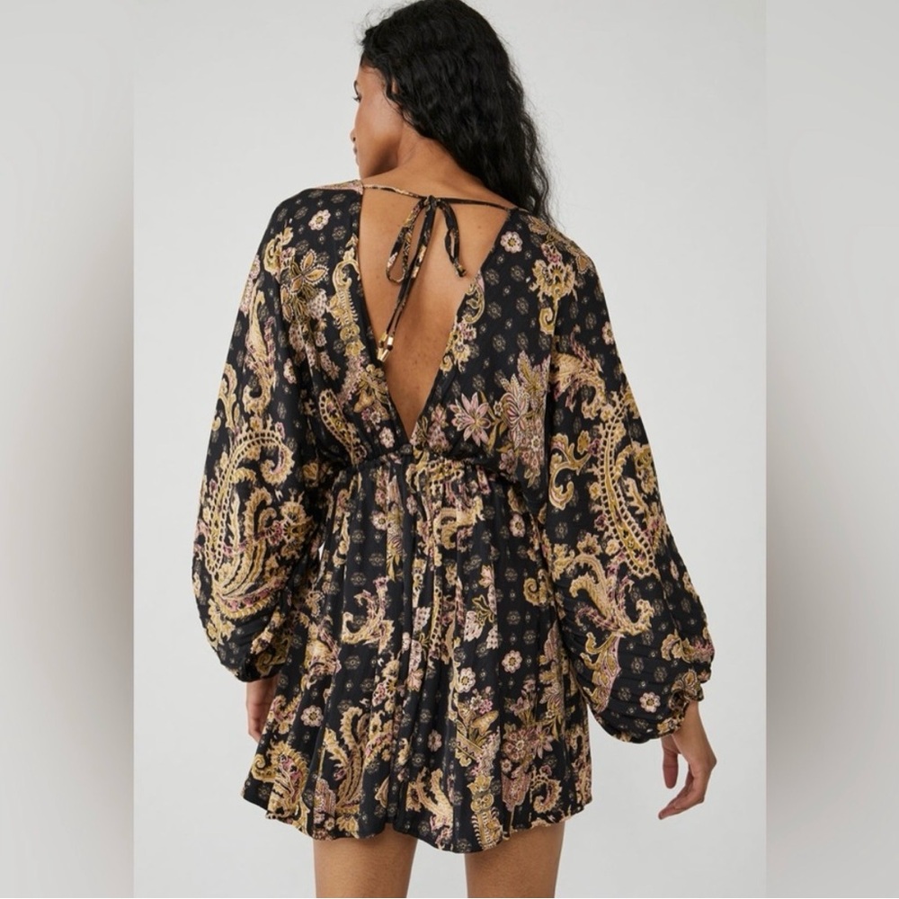 Women’s FREE PEOPLE Arzel Mini Dress flowy Floral V-Neck Balloon Sleeves dress - Picture 2 of 5